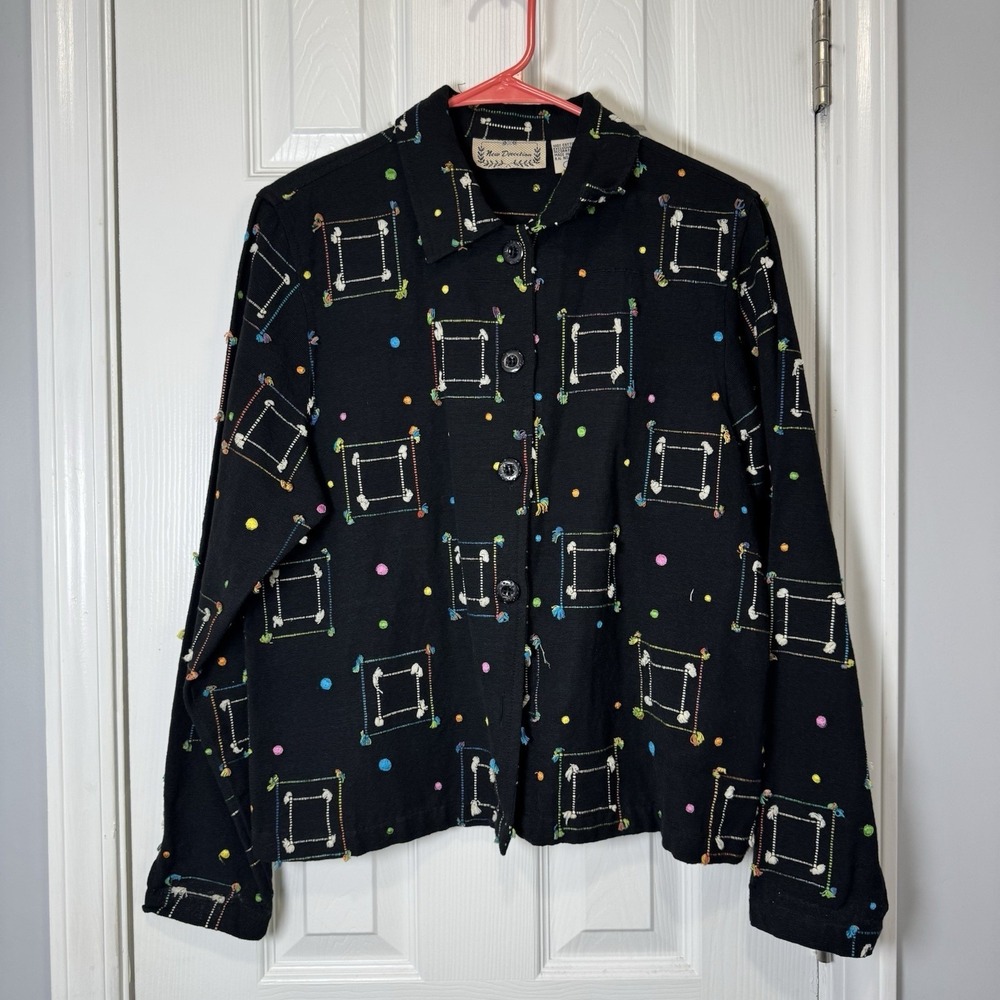 New Direction black cotton knit square embroidered button up blouse shirt SIZE L